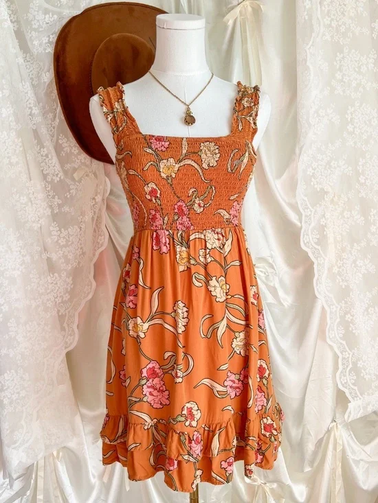 Orange Floral Smocked Mini Sundress - Picture 2 of 5